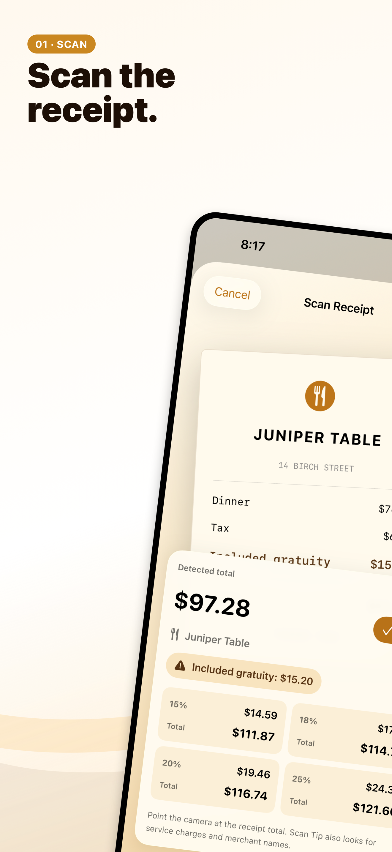 Scan Tip detecting a receipt total and included gratuity