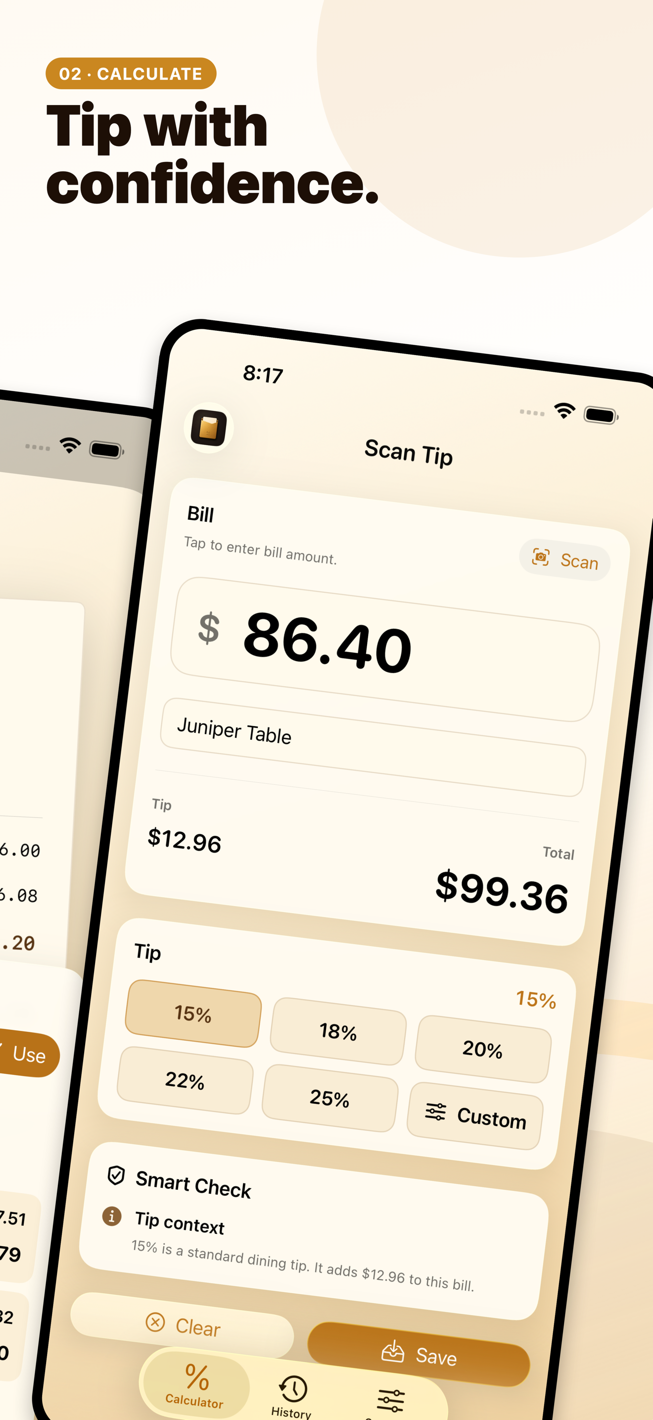 Scan Tip calculating a tip and total with Smart Check guidance