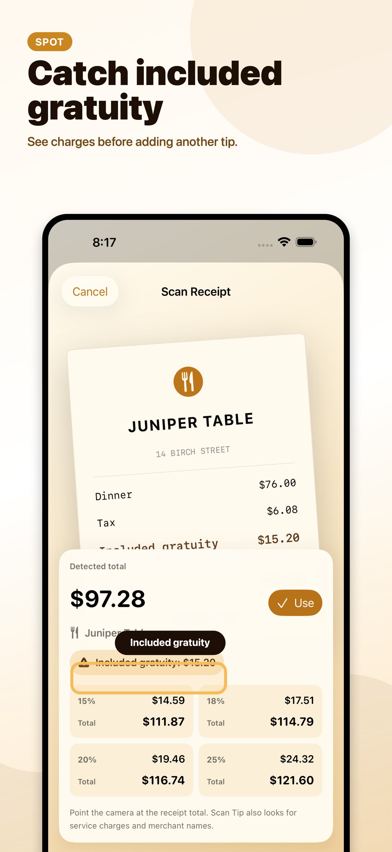 Scan Tip highlighting possible included gratuity on a scanned receipt