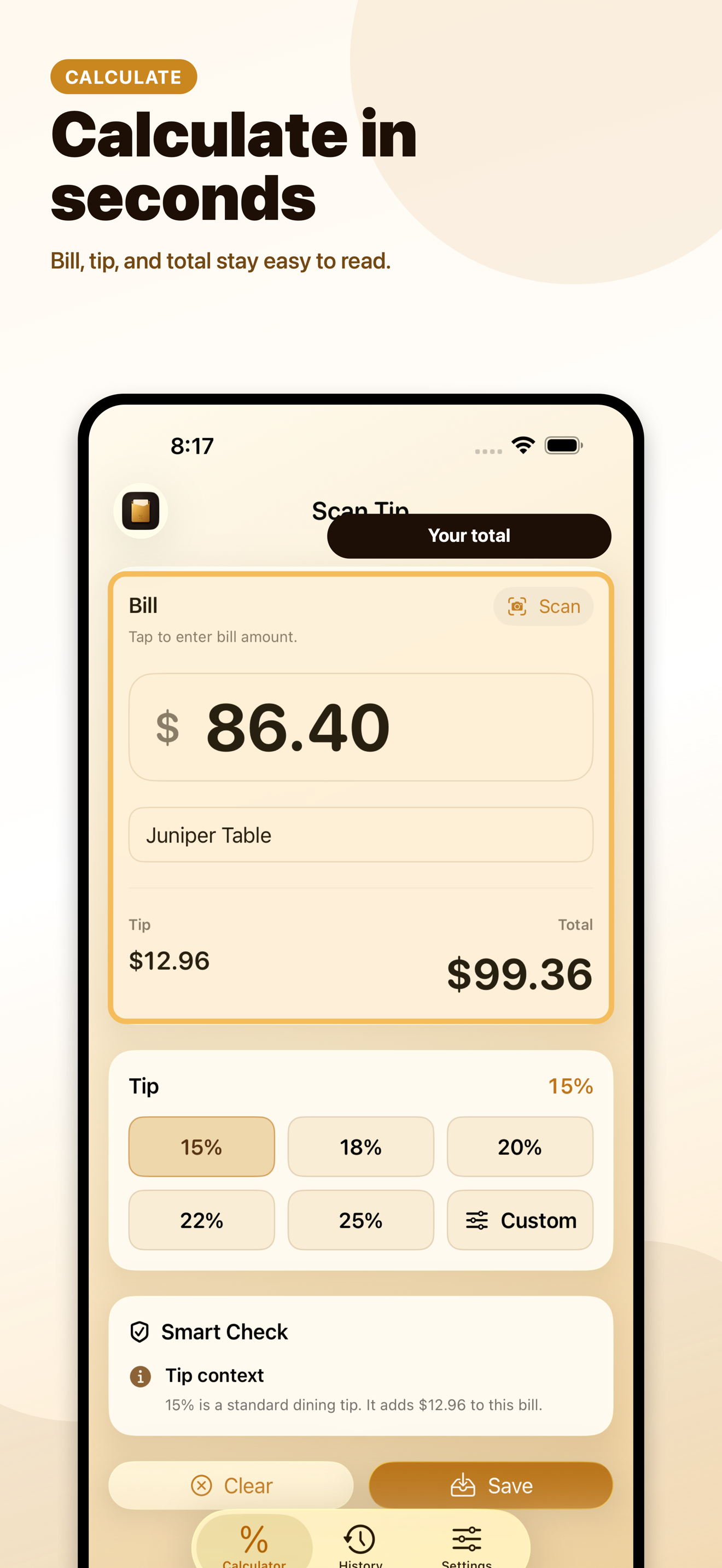 Fast tip total calculation preview
