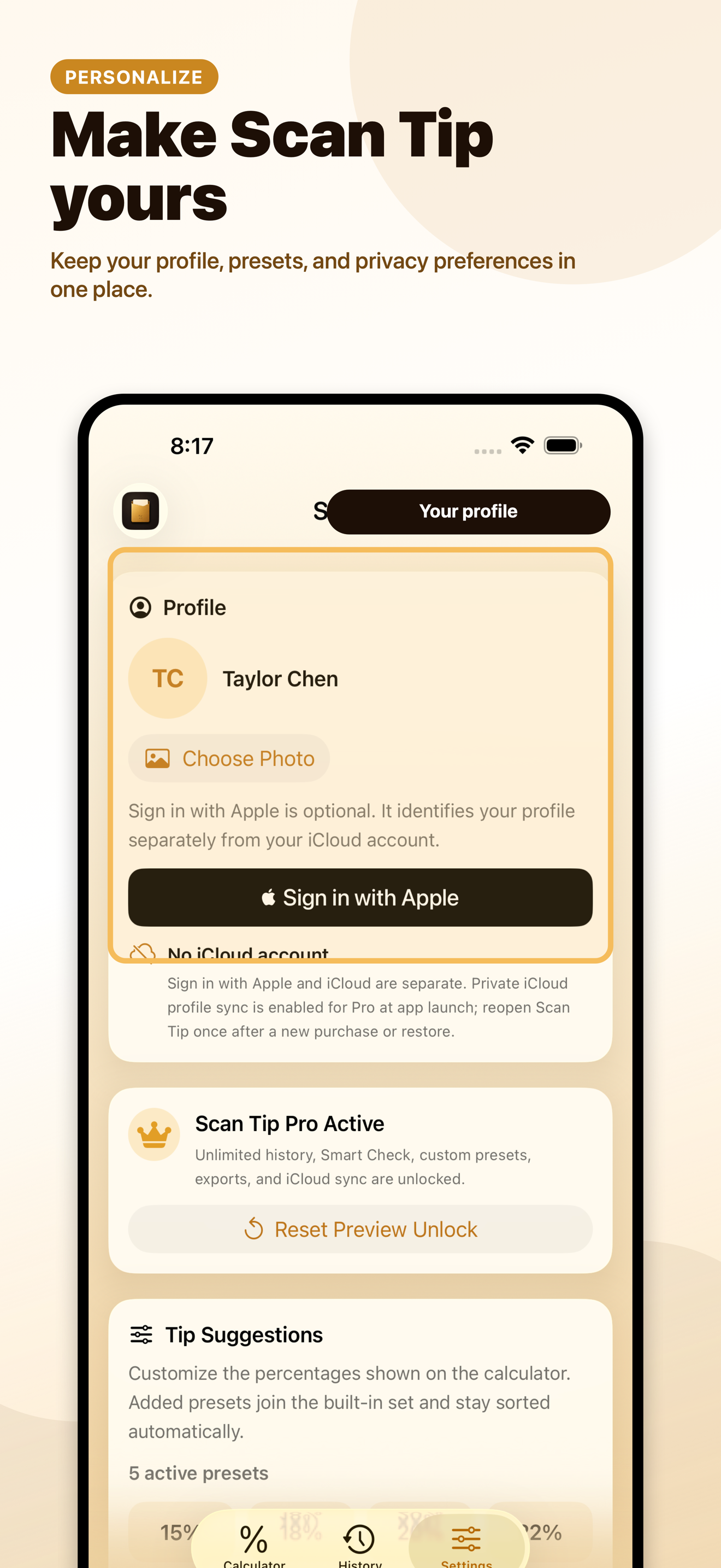 Tip preset and preference settings preview