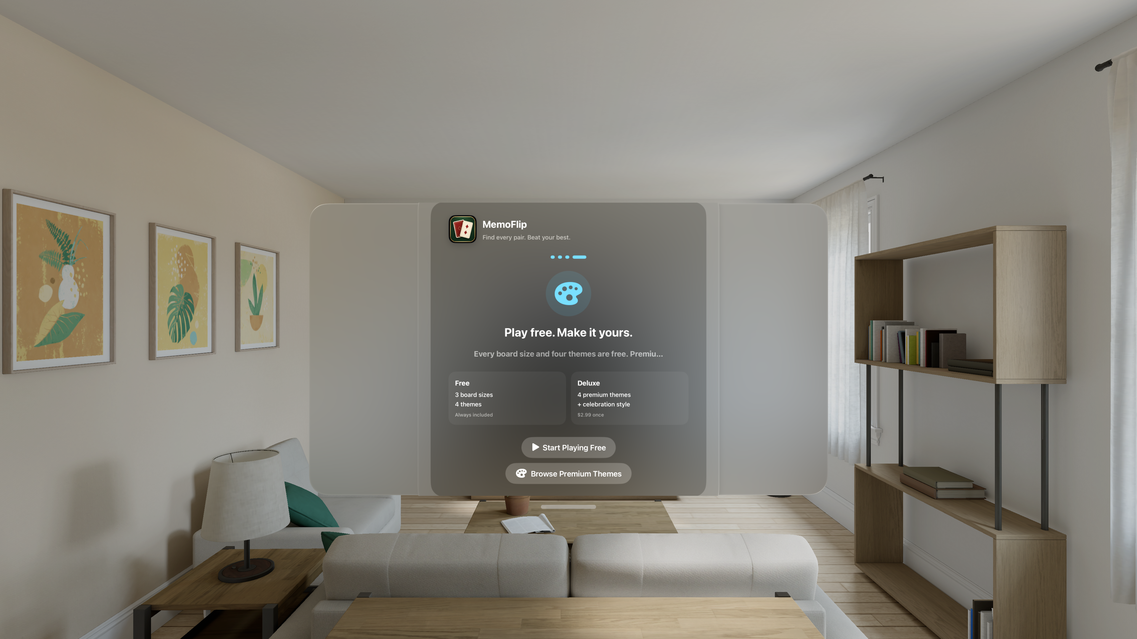 MemoFlip optional theme offer showing free game content and the permanent deluxe theme upgrade