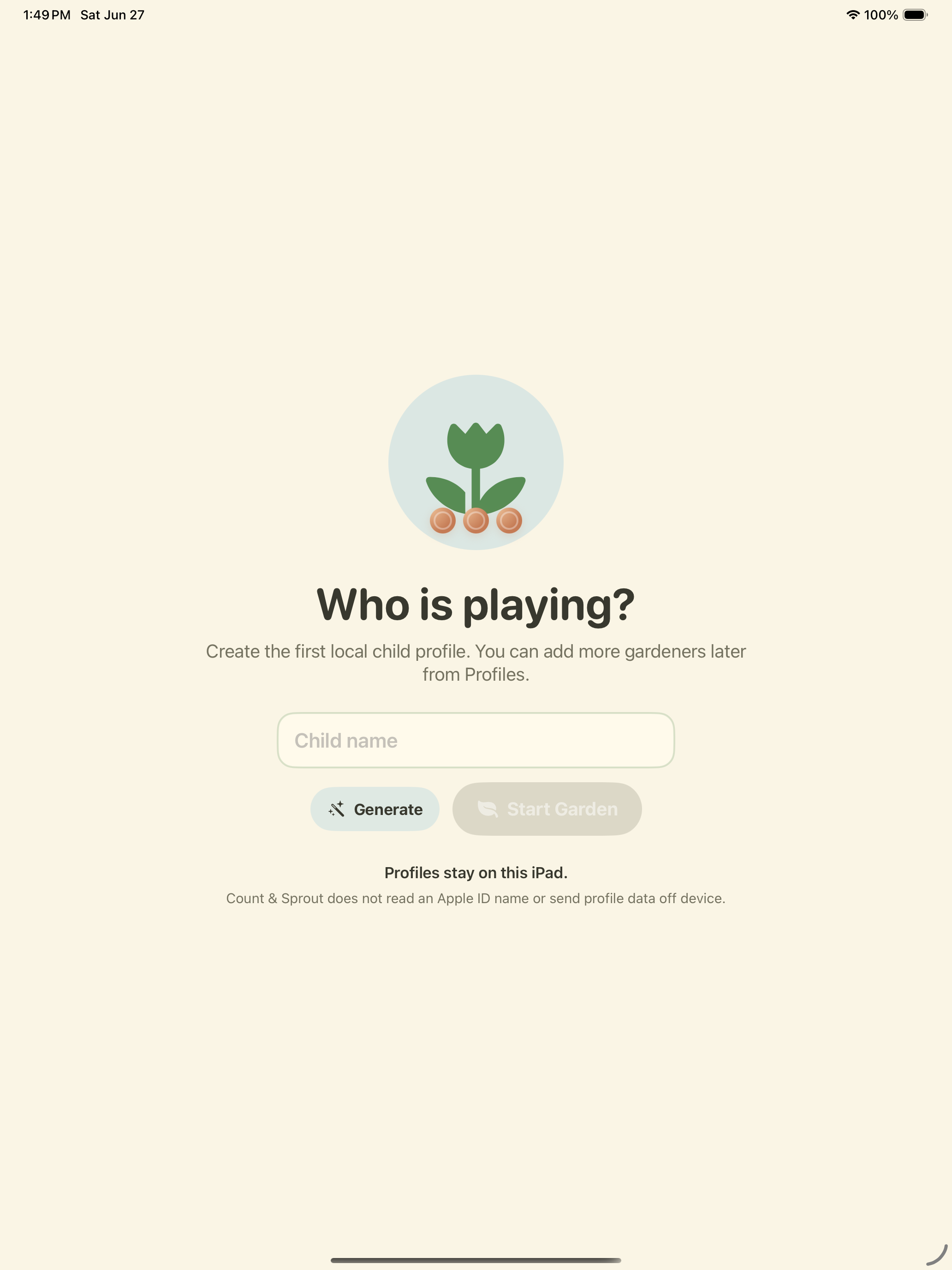 Count & Sprout onboarding screen for creating a local child profile.