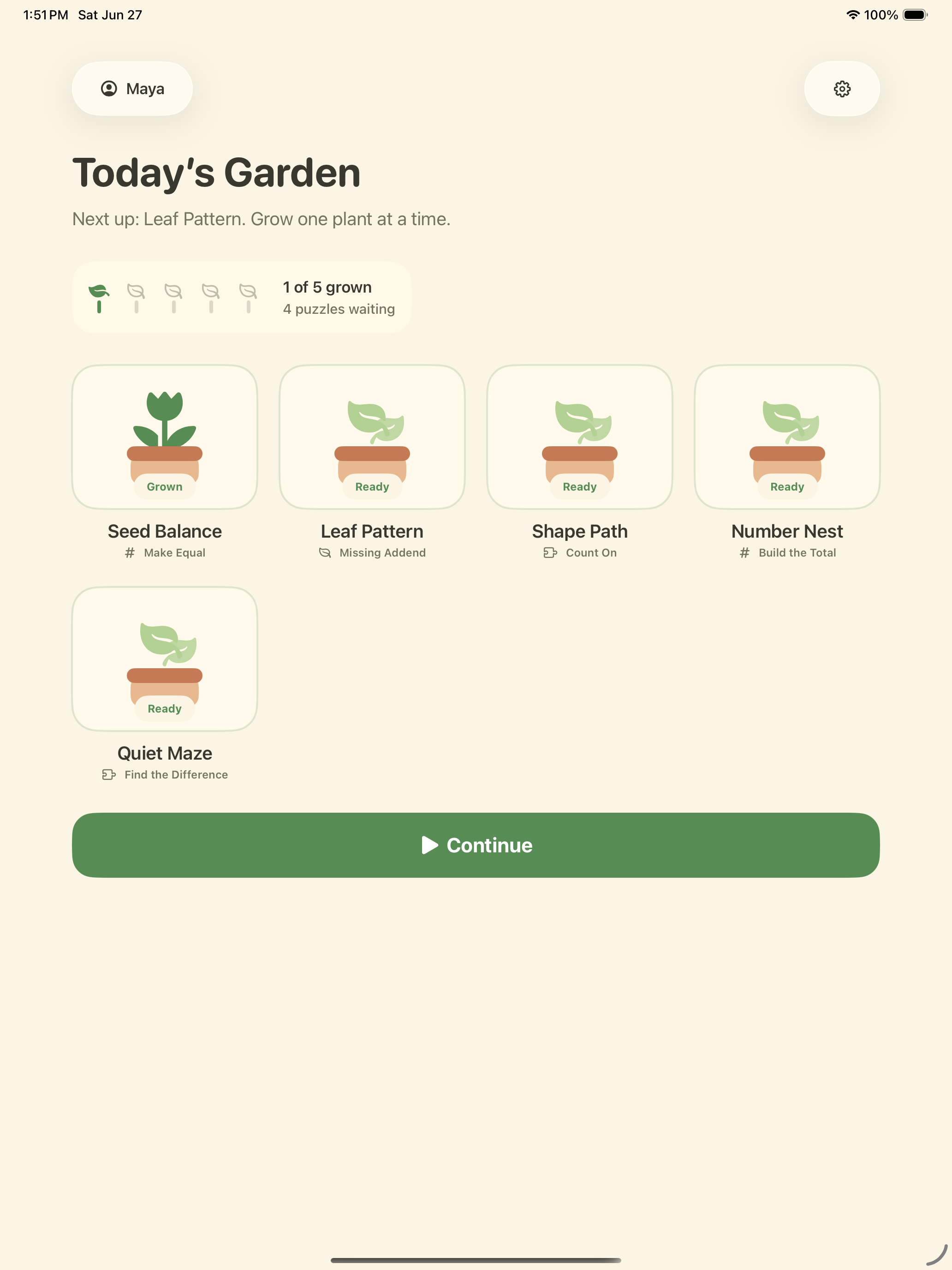 Count & Sprout garden home screen showing local profile Maya, five garden plots, and a Continue button.