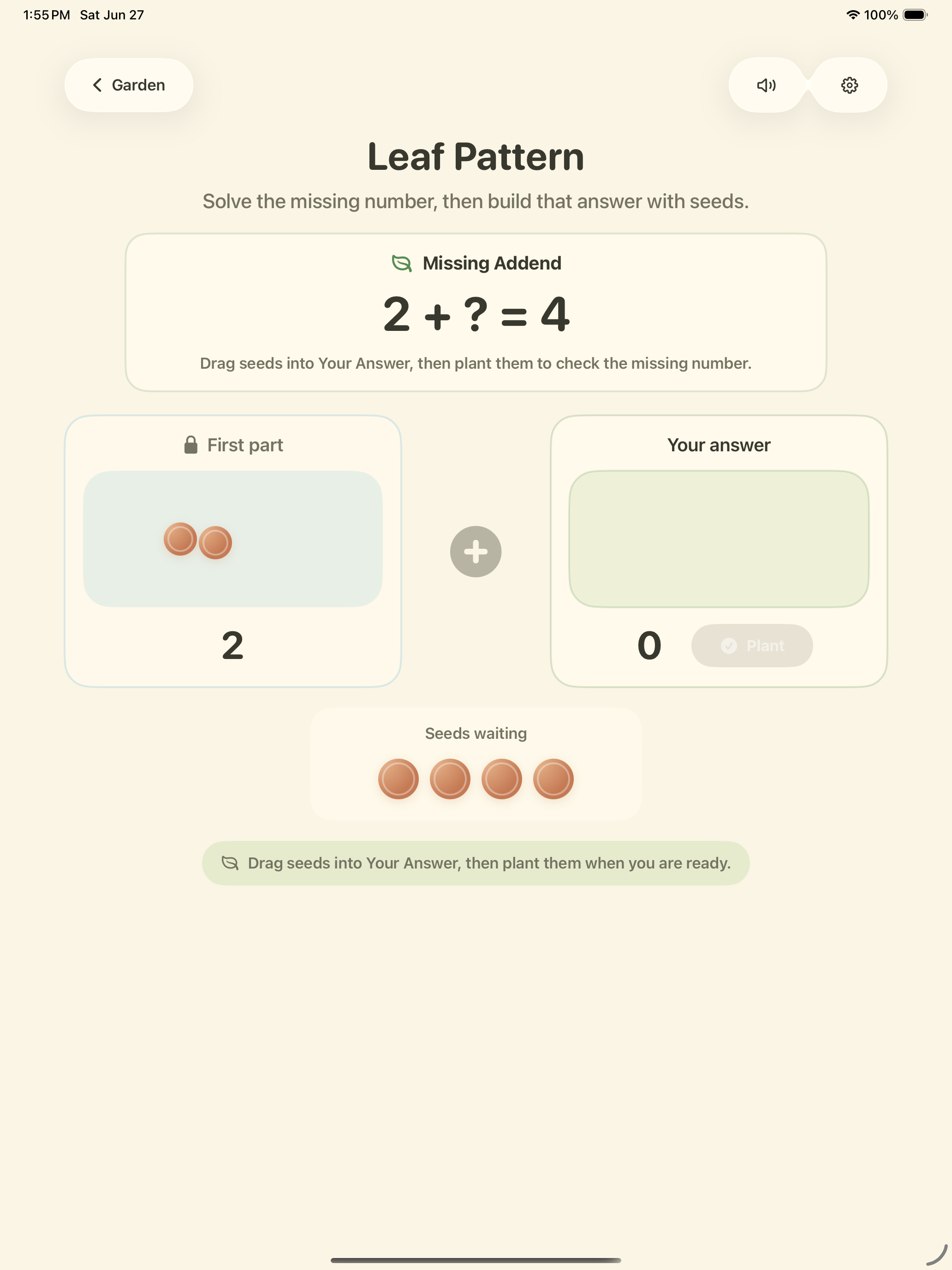 Count & Sprout puzzle screen showing a missing addend seed puzzle.