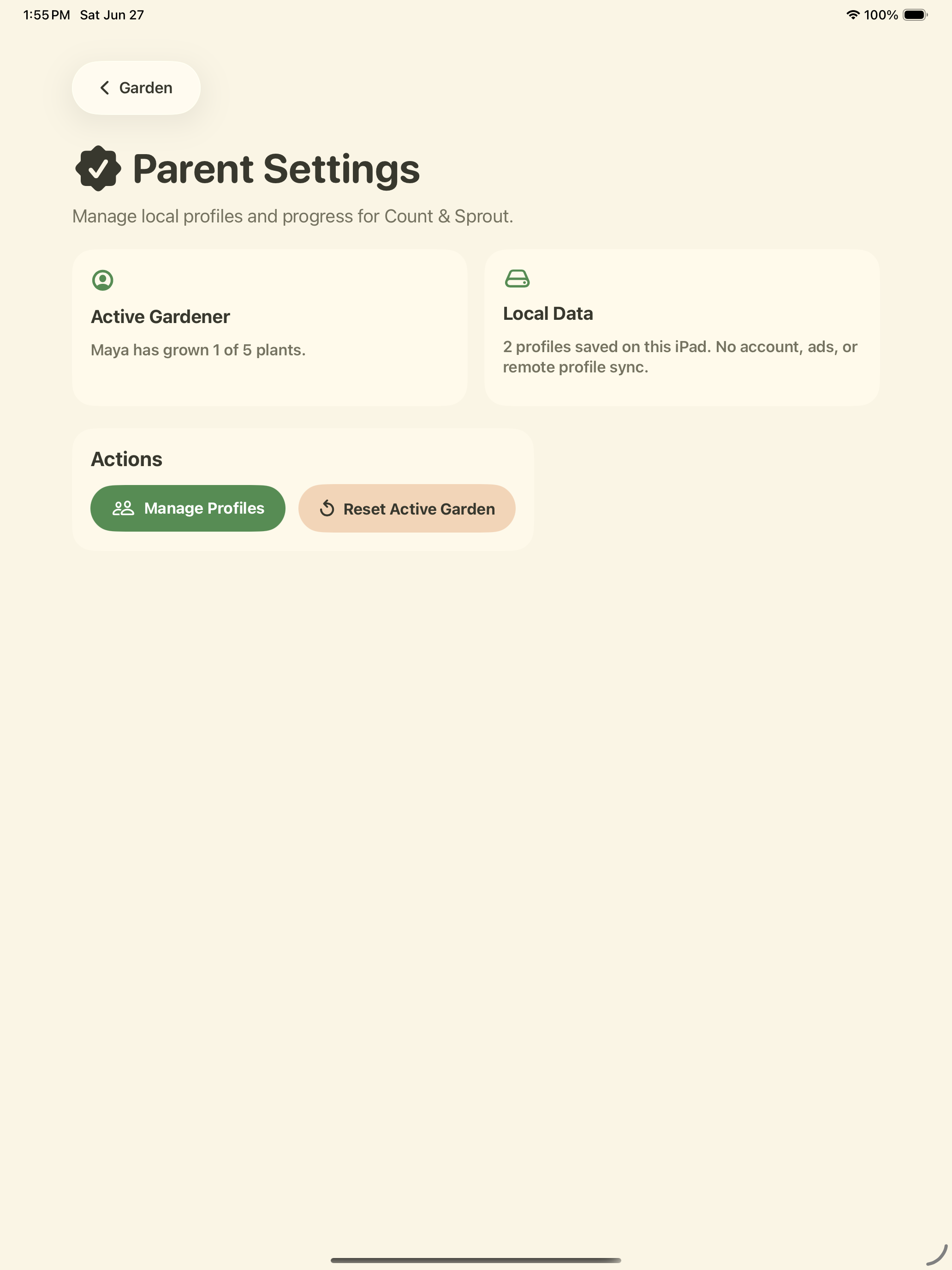 Count & Sprout parent settings screen with progress and reset controls.