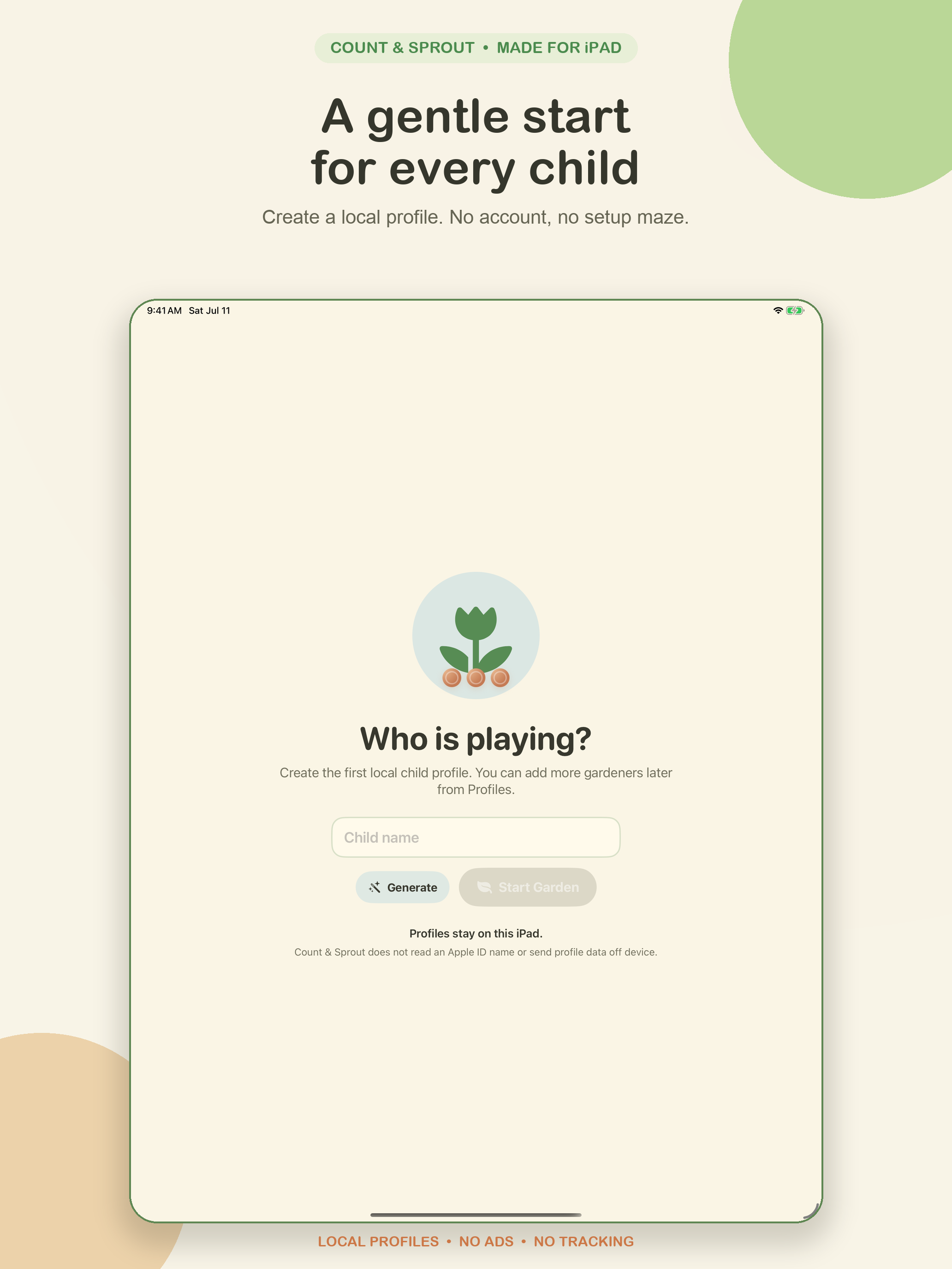 Count & Sprout onboarding screen for creating a local child profile.