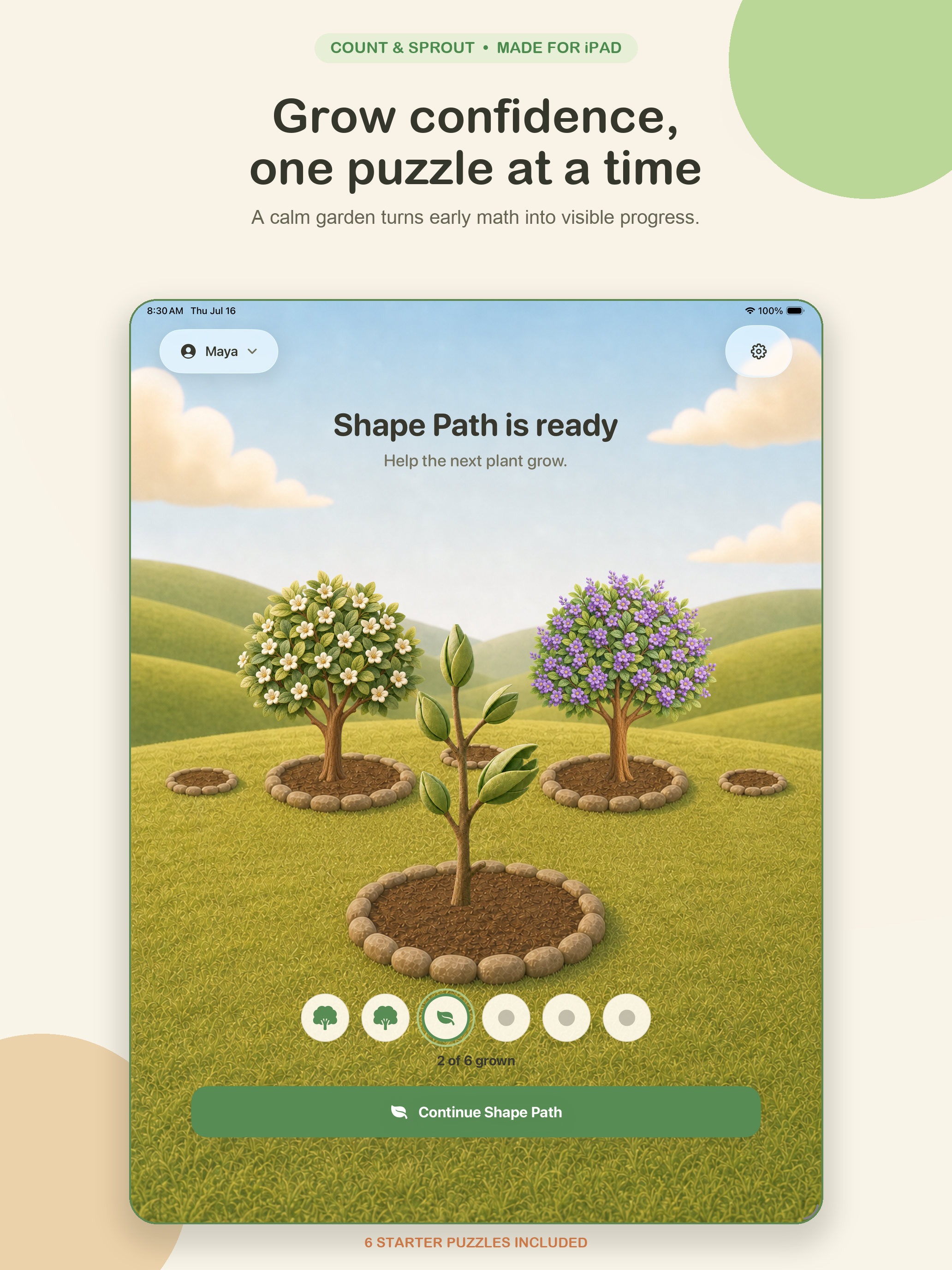 Count & Sprout garden home screen showing local profile Maya, two flowering trees, an active sapling, six progress tokens, and a Continue button.
