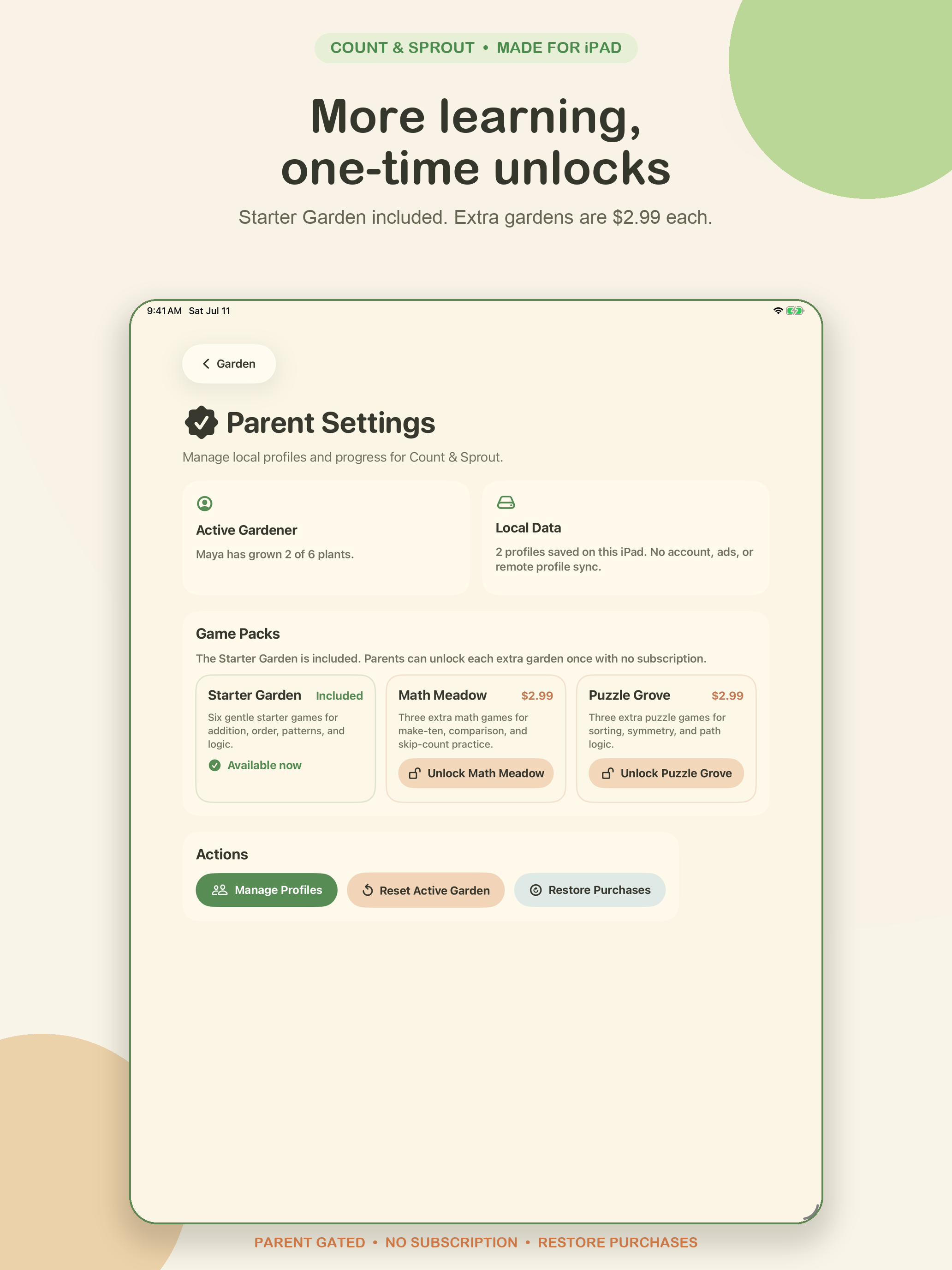 Count & Sprout parent settings screen with Count Sprout Pro controls and parent-only actions.