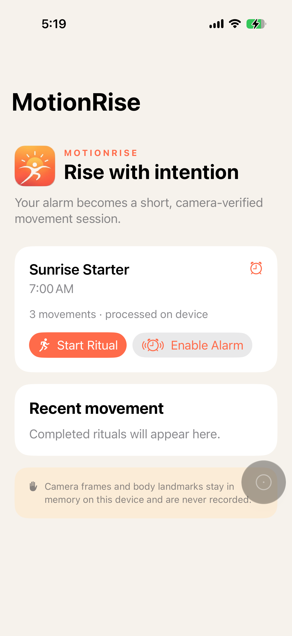 MotionRise home screen showing the Sunrise Starter movement ritual and on-device privacy notice